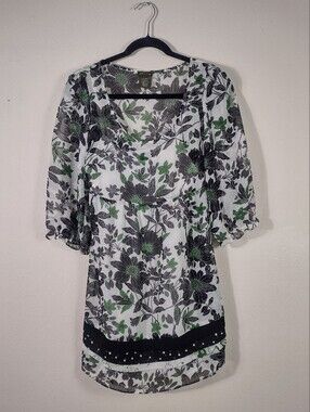 Fei Anthropologie Sheer Floral Babydoll Tie Back Tunic Mini Dress Fairycore Boho